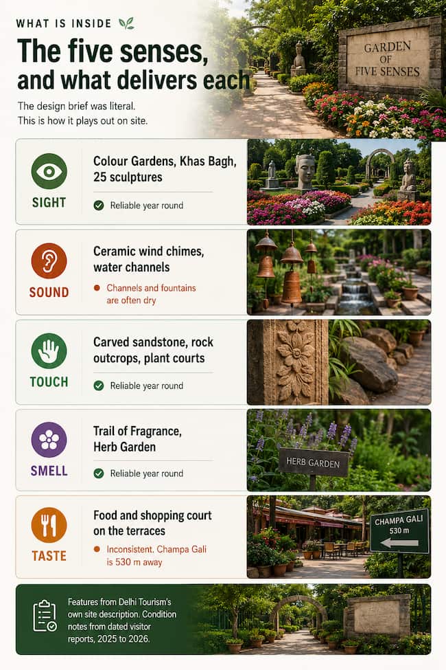 Table mapping each sense to features at the Garden of Five Senses: sight to the Colour Gardens, Khas Bagh and about 25 sculptures; sound to ceramic wind chimes and water channels, which are often dry; touch to carved sandstone and plant courts; smell to the Trail of Fragrance and Herb Garden; taste to the food court, whose outlets are inconsistent.