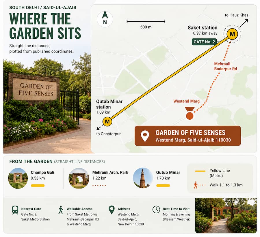 Schematic map of South Delhi showing the Garden of Five Senses on Westend Marg, Saket metro station Gate No. 2 on the Yellow Line 0.97 km away, the walking route along Mehrauli-Badarpur Road, and nearby landmarks: Champa Gali 0.53 km, Mehrauli Archaeological Park 1.22 km and Qutub Minar 1.70 km.