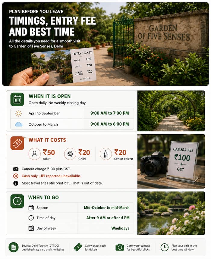 Reference card: the Garden of Five Senses is open daily with no weekly closing day, 9:00 AM to 7:00 PM April to September and 9:00 AM to 6:00 PM October to March. Entry is ₹50 for adults and ₹20 each for children and senior citizens, camera ₹100 plus GST, cash only. Best visited mid-October to mid-March, after 9 AM or after 4 PM, on weekdays.