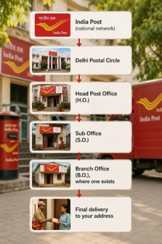 How Mail Actually Moves: The Postal Hierarchy
India Post (national network)
↓
Delhi Postal Circle
↓
Head Post Office (H.O.)
↓
Sub Office (S.O.)
↓
Branch Office (B.O.), where one exists
↓
Final delivery to your address