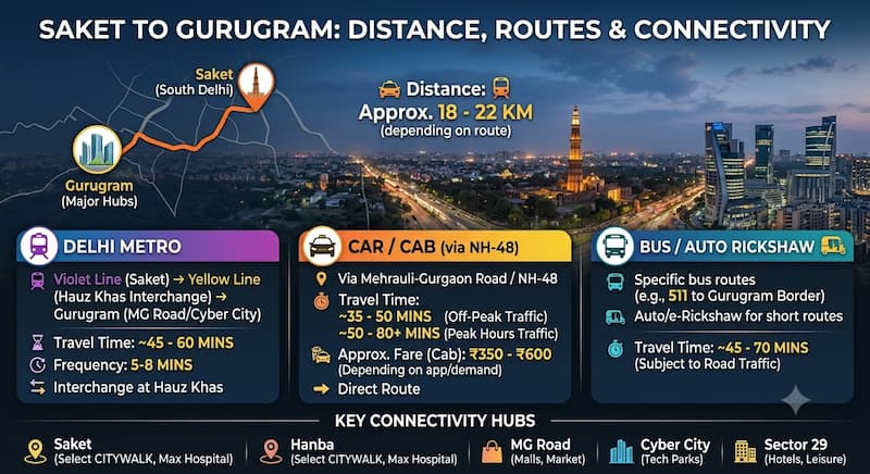 Saket to Gurugram Distance, Routes & Connectivity (2026)
