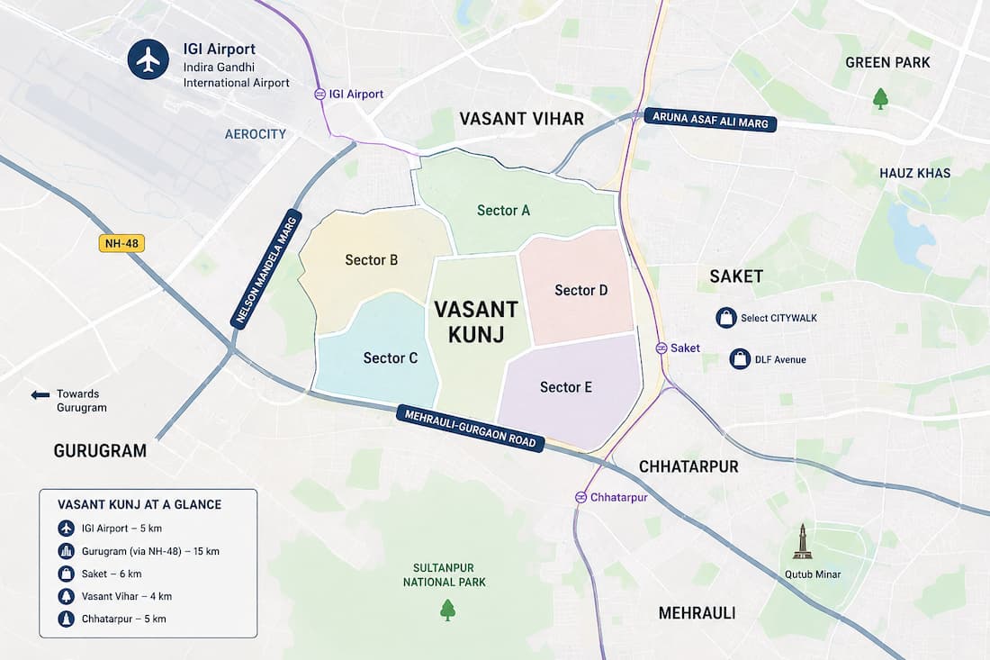 Map showing Vasant Kunj's location in South West Delhi relative to IGI Airport, Gurugram, Saket and neighbouring South Delhi localities.